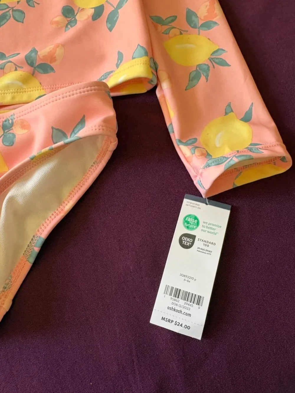 NWT OshKosh B'gosh Girls Lemon Rash Guard Swimsuit Set Pink Yellow UPF Size 6-6X